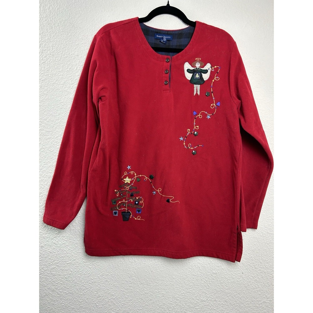 Karen Scott Christmas Tree Sweater Size L Red Embroidered Angel‎ Button